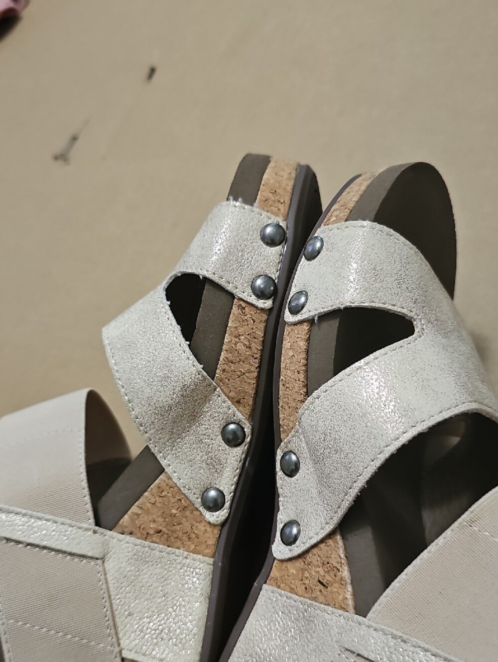 Corkys Boutique Metallic Beige Cork Wedge Sandals - Picture 6 of 8